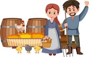 Couple medieval peasants with farm objects vector