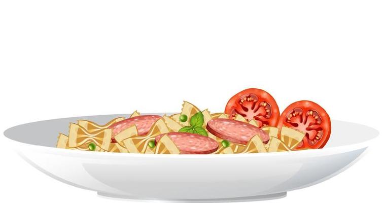 Spaghetti with salami and tomato isolated