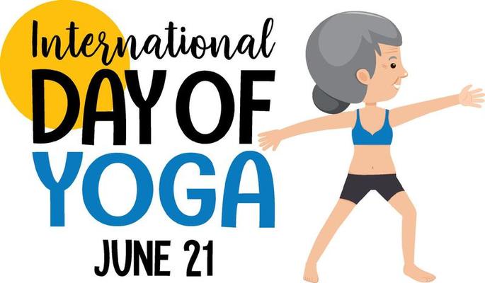 International Day of Yoga banner with old woman doing yoga exercise