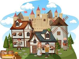 Medieval village with villagers on white background vector