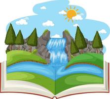 Open book with waterfall in the forest scene vector