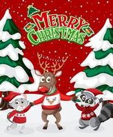 Merry Christmas poster with reindeer and animals vector