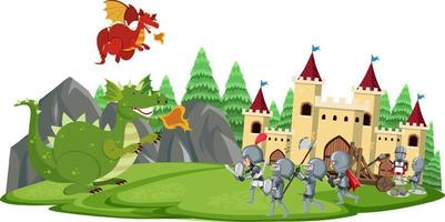 Knights fight with dragon at the castle vector