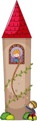 Simple cartoon style of Rapunzel princess in castle isolated on white background
