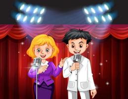 Couple singing with microphone on stage vector