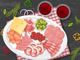 Lunch meat set with different cold meats on platter vector