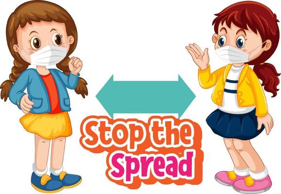 Stop the Spread font with two girls keeping social distance isolated on white background