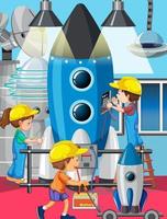 escena con niños reparando cohetes juntos. vector