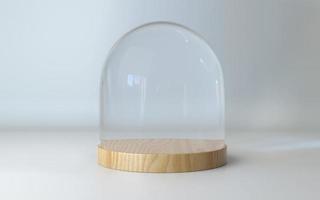 cúpula de cristal con bandeja de madera representación 3d foto