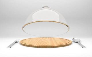 Glass dome on wooden plate with spoon and fork for food display 3D rendering photo