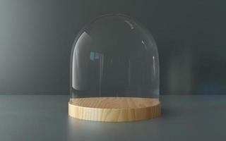 Glass dome with wooden tray 3D rendering photo