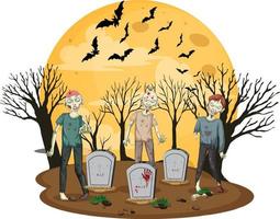 Creepy zombies at graveyard scene vector