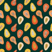 Colors pattern with slices of papaya, passion-fruit on green. Hand-drawn exotic fruit pieces in lrepeating background. Fruity ornament for textile prints and fabric designs. vector