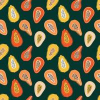 Colors pattern with slices of papaya, passion-fruit on green. Hand-drawn exotic fruit pieces in lrepeating background. Fruity ornament for textile prints and fabric designs. vector