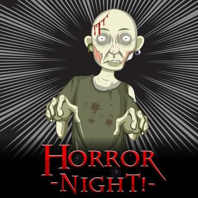 Horror Night text design with creepy zombie on dark rays