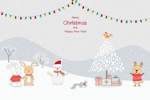 Merry Christmas and Happy new year greeting card with cute animals happy on winter vector