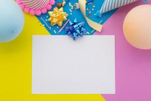 Happy birthday background, Flat lay colorful party decoration and flyer photo
