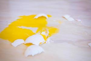 Broken egg that fell on the floor is splattered with yellow yolk everywhere photo
