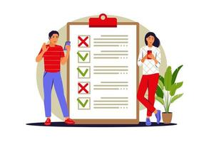 To do list concept. People checking completed tasks and prioritizing tasks in to do list. Vector illustration. Flat.