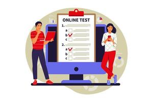 Concept online testing, e-learning, examination on computer or phone. Vector illustration. Flat