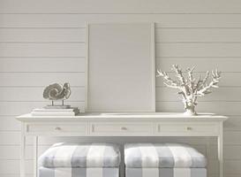 Coastal design room. Mockup frame in cozy home interior background. Hampton style 3d render illustration. photo