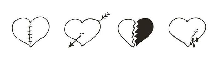 Set of doodle broken heart icon. Love symbol. Cute hand drawn vector graphic illustration isolated on white background. Simple outline style sign. Art sketch pattern