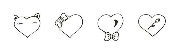Set of doodle heart icon. Love symbol with bow and rose. Cute hand drawn vector graphic illustration isolated on white background. Simple outline style sign. Art sketch pattern