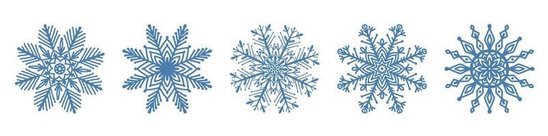 Set of hand drawn blue snowflake icon isolated on white background. Winter design element snow flake frost crystal vector illustration collection.