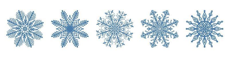 Set of hand drawn blue snowflake icon isolated on white background. Winter design element snow flake frost crystal vector illustration collection.