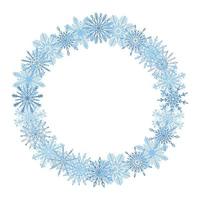 hermosa temporada de invierno, navidad, año nuevo marco redondo, corona con copos de nieve azules dibujados a mano aislados sobre fondo blanco. plantilla de diseño festivo de invierno con espacio de copia vacío. vector