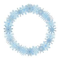 Beautiful winter season, Christmas, New Year round frame, wreath with hand drawn blue snowflakes isolated on white background. Winter festive design template with empty copy space. vector