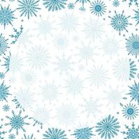 Cute festive winter season pattern background with various snowflakCute festive winter season pattern background with various snowflake icons on white, round transparent copy space. Christmas template vector