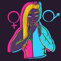 Neon illustration of a person half man and half woman showing the sign talk to the hand to the other side. Transgender human tired of drama. vector