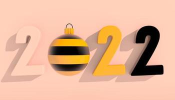 feliz año nuevo 2022. números 3d con formas geométricas y bola de navidad. Render 3D.
