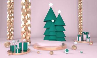 Christmas background with Christmas tree and stage for product display. 3d rendering. photo