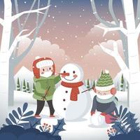 Kids Make Snowman on Winter vector