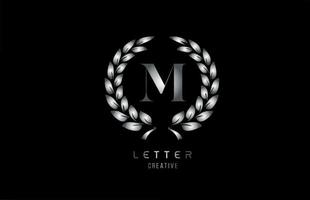 silver grey metal M alphabet letter logo icon with floral design for company and business vector