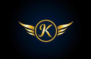 gold golden K wing wings alphabet letter logo icon with classy design for company and business vector