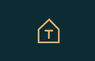 T amarillo letra del alfabeto icono de logotipo para empresa y negocio con diseño de contorno de casa