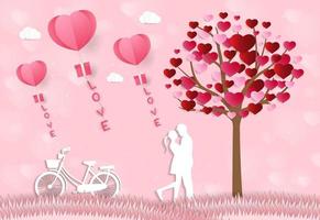 Love and Valentine day,Lovers stand in the meadows and a paper art heart shape balloon floating in the sky. craft style. vector