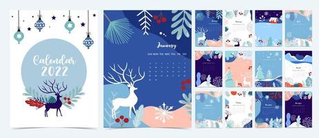 2022 table calendar week start on Sunday with winter,landscape that use for vertical digital and printable A4 A5 size vector