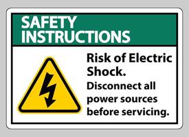 Instrucciones de seguridad riesgo de descarga eléctrica símbolo signo aislar sobre fondo blanco. vector