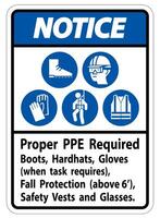 Notice Sign Proper PPE Required Boots, Hardhats, Gloves When Task Requires Fall Protection With PPE Symbols vector