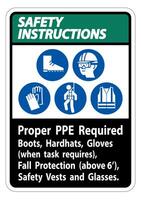 Safety Instructions Sign Proper PPE Required Boots, Hardhats, Gloves When Task Requires Fall Protection With PPE Symbols vector