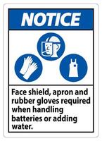 Notice Sign Face Shield, Apron And Rubber Gloves Required When Handling Batteries or Adding Water With PPE Symbols vector