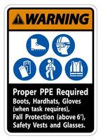 Warning Sign Proper PPE Required Boots, Hardhats, Gloves When Task Requires Fall Protection With PPE Symbols vector