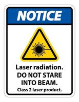 Notice Laser radiation,do not stare into beam,class 2 laser product Sign on white background vector