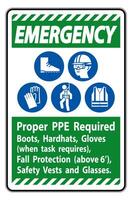 Emergency Sign Proper PPE Required Boots, Hardhats, Gloves When Task Requires Fall Protection With PPE Symbols vector