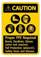 Caution Sign Proper PPE Required Boots, Hardhats, Gloves When Task Requires Fall Protection With PPE Symbols vector