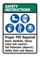 Safety Instructions Sign Proper PPE Required Boots, Hardhats, Gloves When Task Requires Fall Protection With PPE Symbols vector